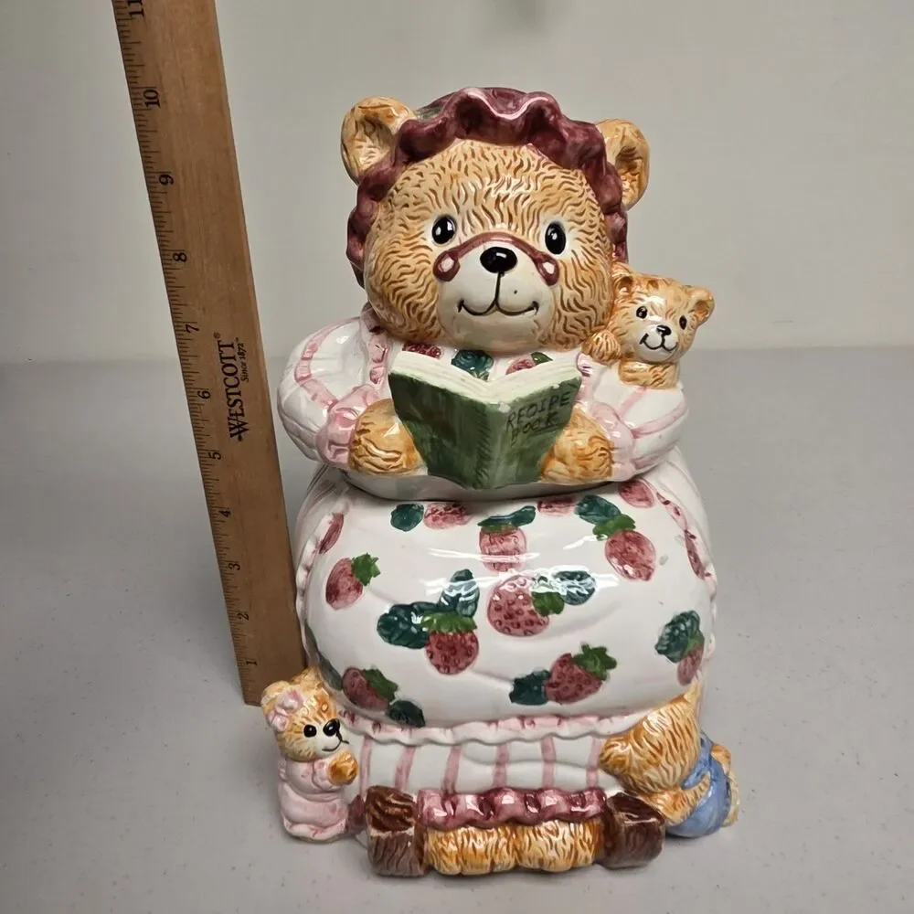 Mama Bear Cubs Strawberry Dress Ceramic  Cookie Jar 10.5